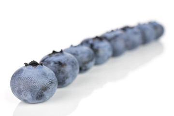 Group of eight whole fresh blue bilberry isolated on white background
