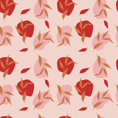 Abstract seamless pattern. Trendy wallpaper with random different shapes and floral elements. Ochre, terracotta, gold, pink, beige, cream. Modern textile, branding and packaging.