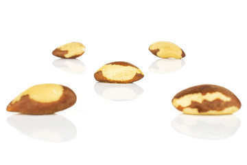 Group of five whole raw brown brazil nut isolated on white background