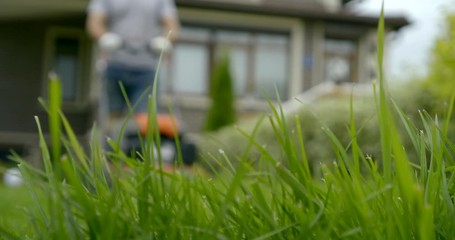 The man is in the country and mows the grass with a lawn mower. In the foreground is green grass.