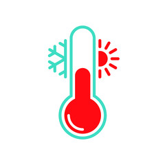 Thermometer with sun and snowflake graphic icon. Thermometer with cold and hot weather sign. Isolated symbol on white background. Vector illustration