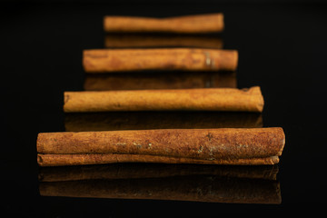 Group of four whole dry brown cinnamon isolated on black glass