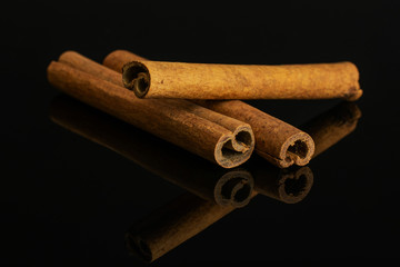 Group of three whole dry brown cinnamon isolated on black glass