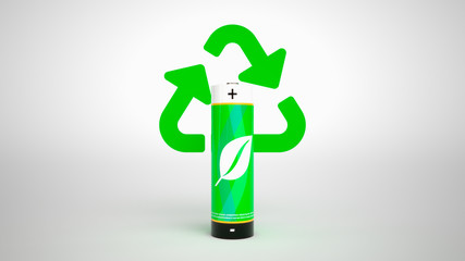 Batería ecológica recargable verde en fondo blanco con símbolo de reciclaje 3D
