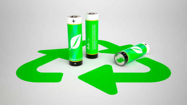Bater&iacute;a ecol&oacute;gica recargable verde en fondo blanco con s&iacute;mbolo de reciclaje 3D