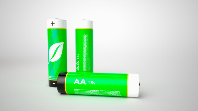 Bater&iacute;a ecol&oacute;gica recargable verde en fondo blanco con s&iacute;mbolo de reciclaje 3D