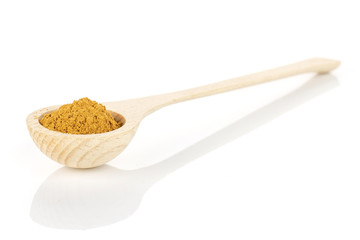 Dry brown cinnamon in a wooden spoon isolated on white background