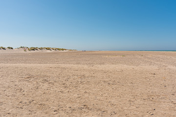 Footsteps in the sand on a beach. Small, grassy hills in the horizon.
