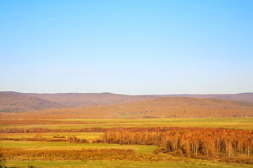Fototapeta na wymiar Scenic autumn landscape. meadow, forest and mountains. natural background.