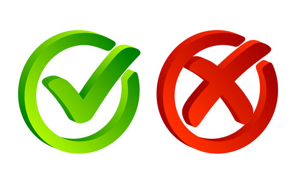Check mark. Green tick symbol and red cross sign in circle. Icons for evaluation quiz. Vector.