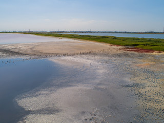 Pink lake Sasyk Sivash. Deposits of mineral salts and therapeutic mud. Taken from the drone.
