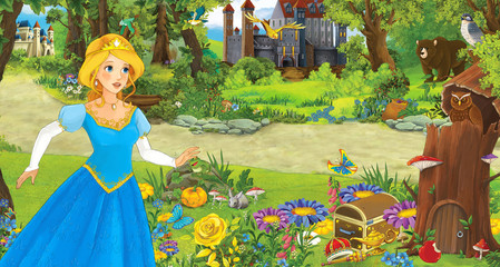 cartoon scene with happy young girl princess in the forest near some castles - illustration for children