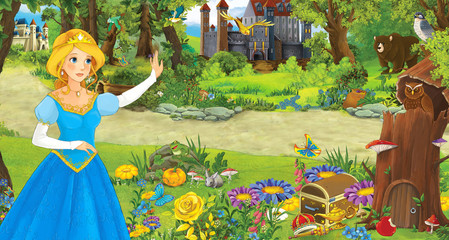 Fototapeta premium cartoon scene with happy young girl princess in the forest near some castles - illustration for children