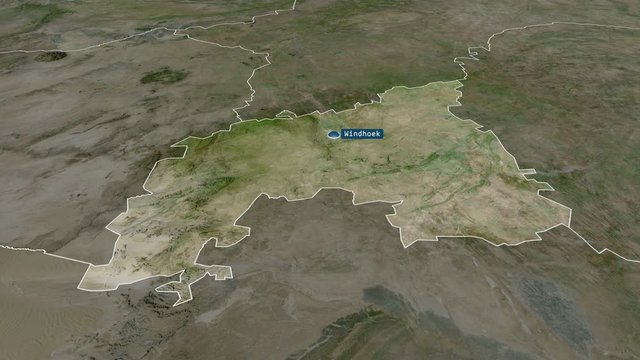 Khomas - region of Namibia with its capital zoomed on the satellite map of the globe. Animation 3D