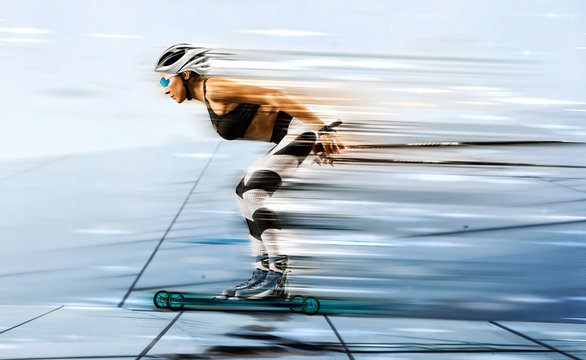 A young woman cross-country skiing with roller ski