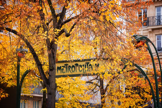 Paris Art Nouveau Metropolitain Sign In Autumn