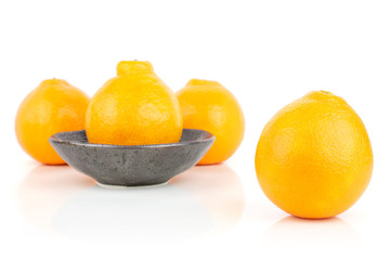 Group of four whole fresh orange tangelo minneola in dark ceramic bowl isolated on white background
