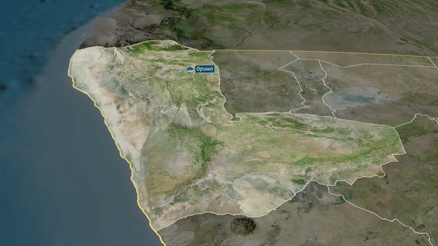 Kunene - region of Namibia with its capital zoomed on the satellite map of the globe. Animation 3D
