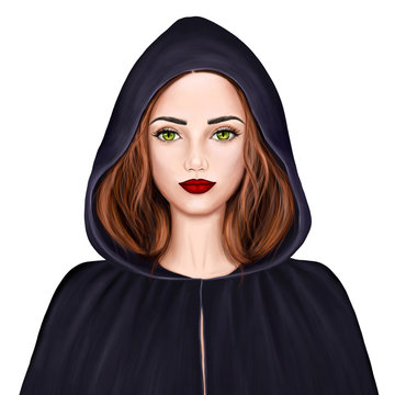 Young beautiful woman with green eyes and red hair. Witch in a black cloak and hood.