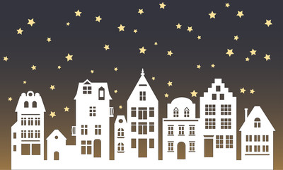 Laser cut Amsterdam style houses. Night silhouette of row of typical dutch canal houses at Netherlands. Stylized facades of old buildings. Flat vector template. Background. Xmas decoration for window.