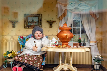Auntie at the samovar in the room. Doll miniature