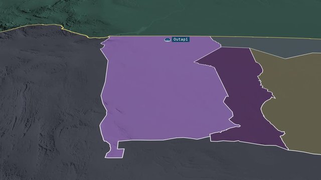 Omusati - region of Namibia with its capital zoomed on the administrative map of the globe. Animation 3D