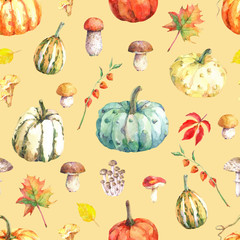 Watercolor seamless pattern with pumpkins, mushrooms and autumn leaves. Hand drawn watercolor illustration.