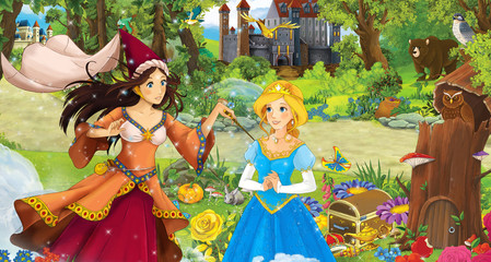 cartoon scene with happy young girl princess and sorceress in the forest near some castles - illustration for children