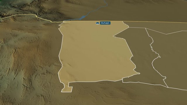 Omusati - region of Namibia with its capital zoomed on the physical map of the globe. Animation 3D