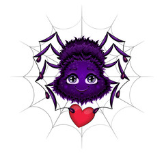 Cute spider with red heart. Vector illustration.