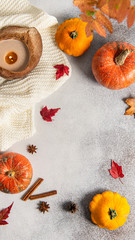 Autumn composition. Frame made of knitted plaid or scarf, candle, fallen leaves, pumpkins on grey background. Autumn, fall, banner, sale, story concept. Side view, copy space.