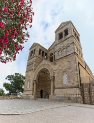 Fototapeta na wymiar Facade of the catholic Christian Transfiguration Church located on Mount Tavor near Nazareth in Israel