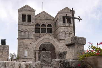 Facade of the catholic Christian Transfiguration Church located on Mount Tavor near Nazareth in...