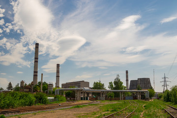 Fototapeta na wymiar City power plant towers, sunny day.