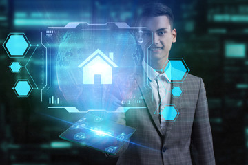 The concept of business, technology, the Internet and the network. A young entrepreneur working on...