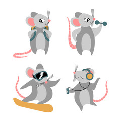 Collection of cute rats isolated on white background. Funny cartoon animals in different situations. Flat vector illustration.