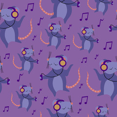 Seamless pattern with cute cartoon rats listening to music in player. Nice rodent on purple background. Flat vector illustration.
