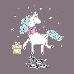 Cute hand drawn Christmas character unicorn. Christmas print with Unicorn. vector illustration. print for kids. cartoon print.