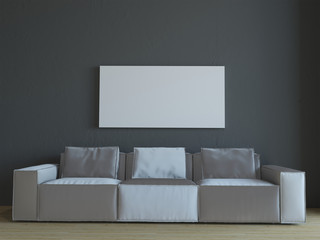 3d rendering og mock up picture idea with grey sofa in black wall interior