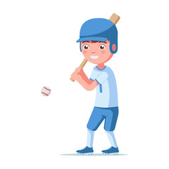 Boy baseball player hits the ball.