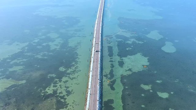 AERIAL Slow Pan Up View Of Sangupiddy Bridge to Jaffna In Sri Lanka