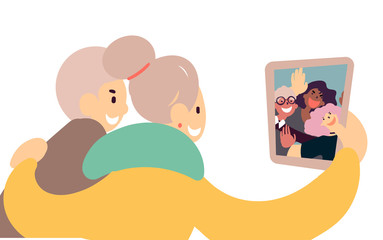 Flat style cartoon cute character group, elderly couple using tablet to communicate with grandkid and parents in group chat, happy active lifestyle, technology use. Hand drawn vector illustration.