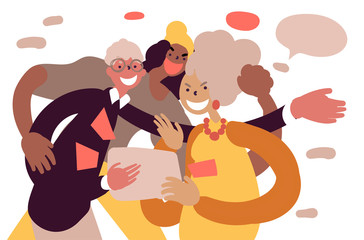 Flat style cartoon cute character group, elderly couple with grandkid using tablet to communicate together, happy active lifestyle, technology use. Hand drawn vector illustration.