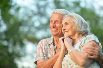 Fototapeta premium Portrait of beautiful senior couple embracing in the park