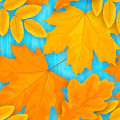 Yellow leaves on grunge blue pattern