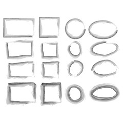 Black circle and square frames. Brush strokes. design elements set