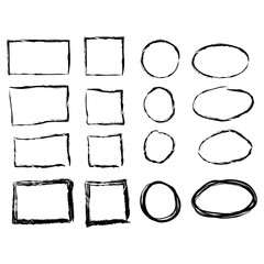 Black circle and square frames. Brush strokes. design elements set