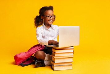 African American Schoolgirl Sitting At Laptop Doing Homework, Studio Shot - obrazy, fototapety, plakaty