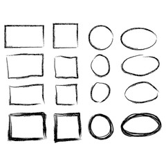 Black circle and square frames. Brush strokes. design elements set