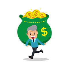Cartoon senior man carrying big money bag for design.
